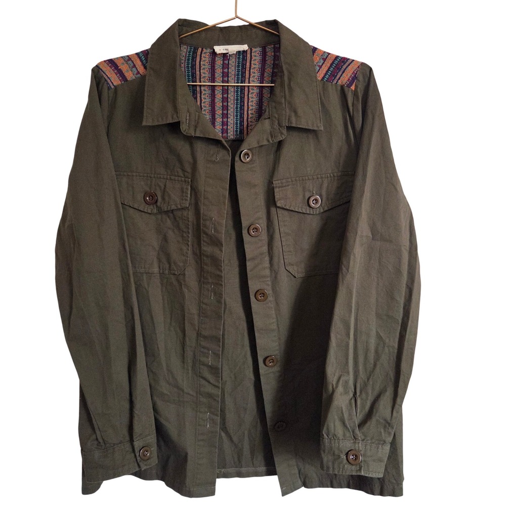 CRESCENT Olive Green Utility Shacket Jacket with Aztec Print‎ Lined Size M